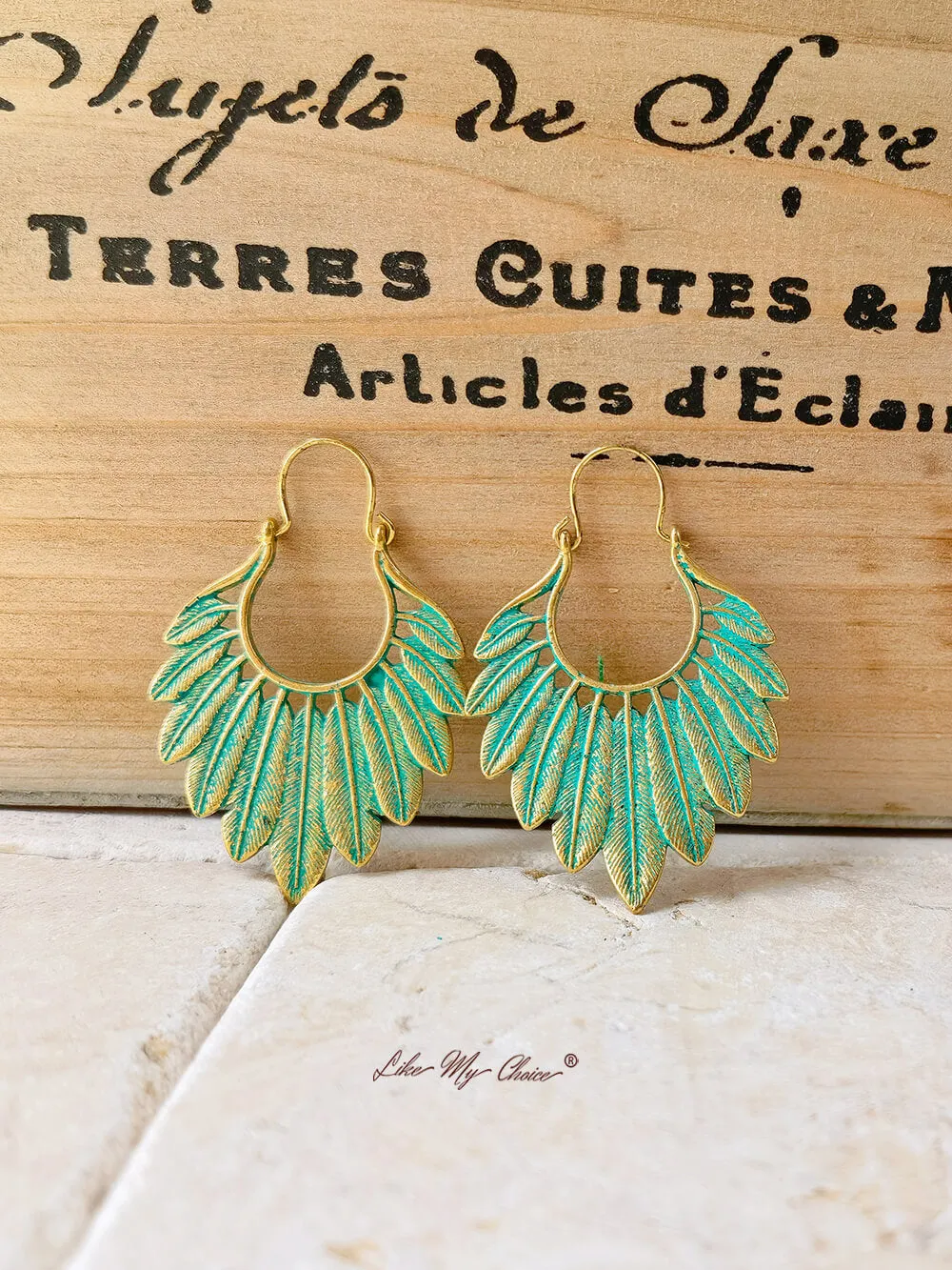 Bohemian Turquoise Gold Feather Earrings sold by Like My Choice