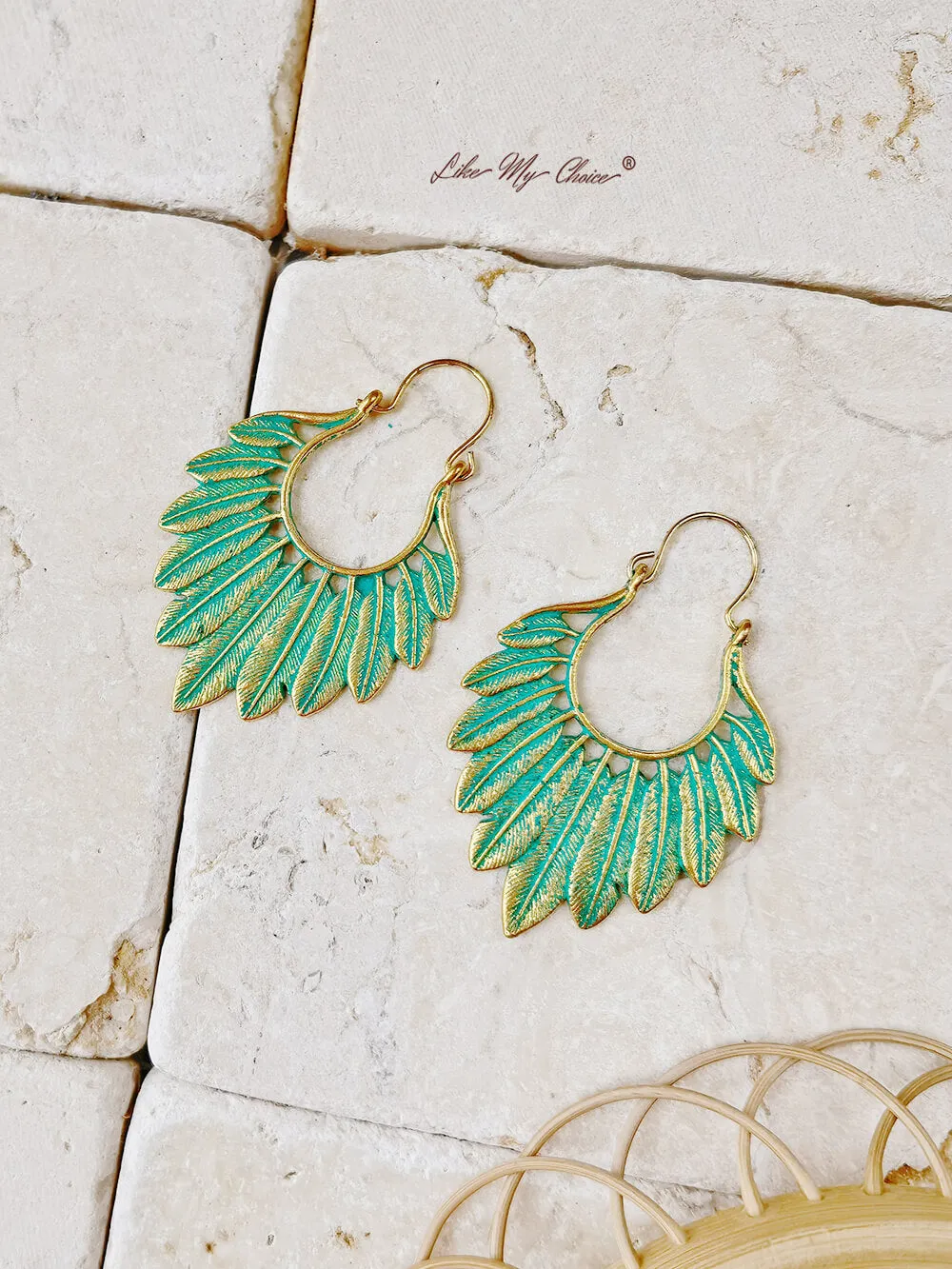 Bohemian Turquoise Gold Feather Earrings sold by Like My Choice product image thumbnail 2