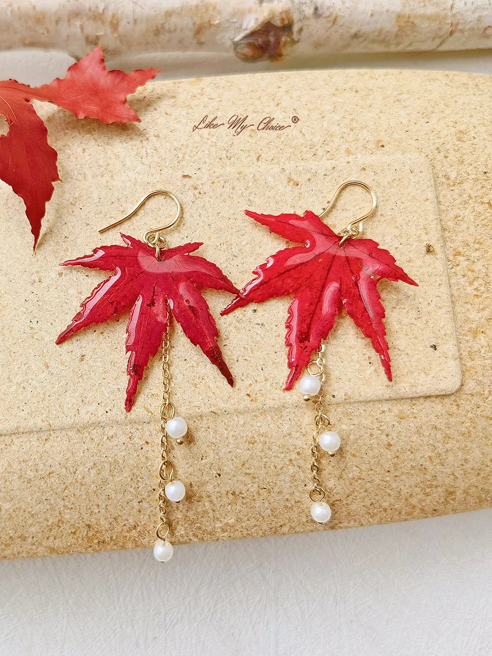 Sun Catcher Maple Leaf Resin Gold Pearl Earrings sold by Like My Choice product image thumbnail 2