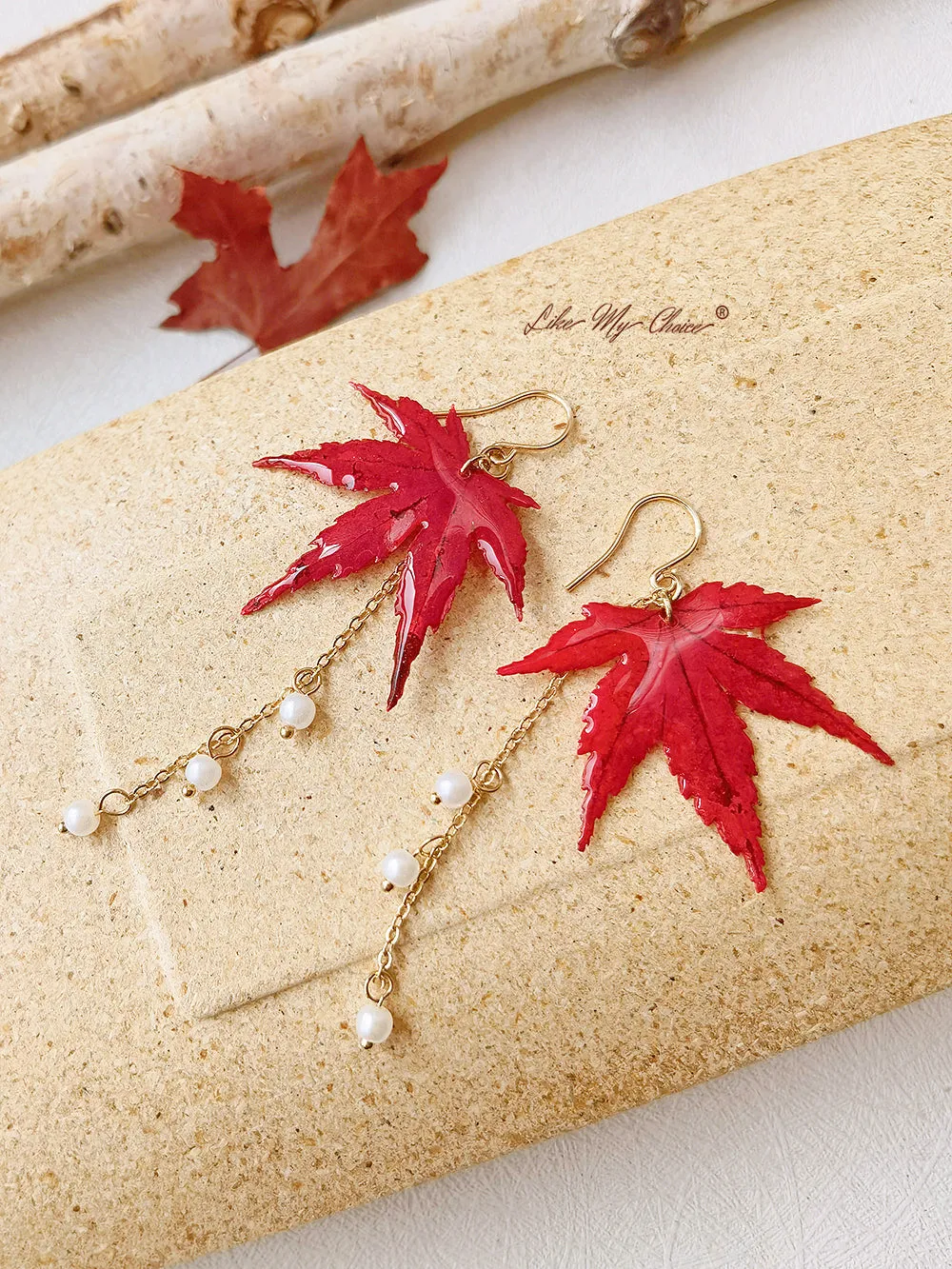 Sun Catcher Maple Leaf Resin Gold Pearl Earrings sold by Like My Choice product image thumbnail 4
