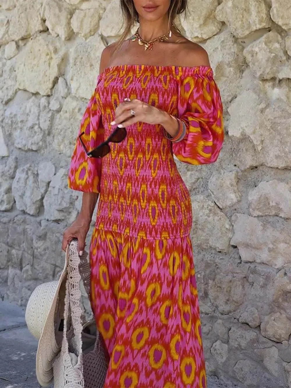 Unique Printed Off Shoulder Balloon Sleeve Smocked Midi Dress sold by Like My Choice product image thumbnail 3