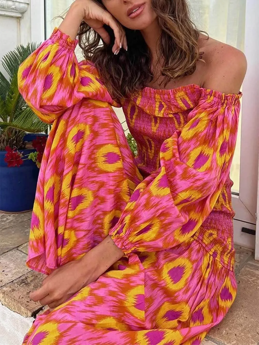 Unique Printed Off Shoulder Balloon Sleeve Smocked Midi Dress sold by Like My Choice product image thumbnail 4