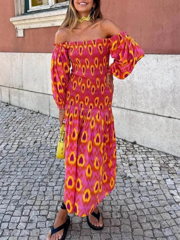 Unique Printed Off Shoulder Balloon Sleeve Smocked Midi Dress sold by Like My Choice