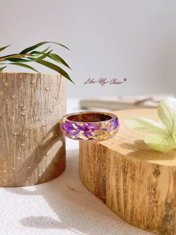 Handmade Dried Flower Inlaid Resin Ring-Gold foil purple sold by Like My Choice