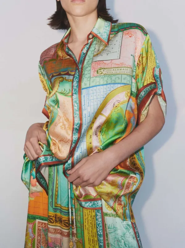 Exquisite Satin Unique Geometric Print Short-Sleeved Loose Shirt sold by Like My Choice