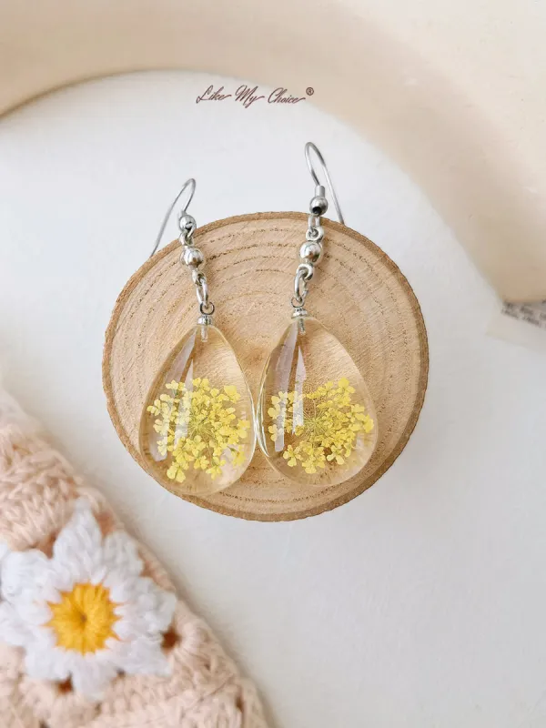 Teardrop Queen Anne Bud Dried Flower Resin Earrings sold by Like My Choice
