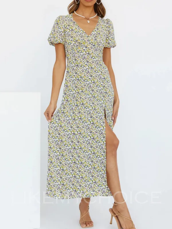 Short Sleeve Casual Beach Printed Midi V-neck Dresses sold by Like My Choice