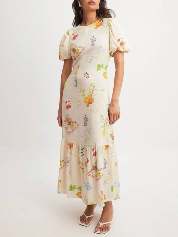 Unique Print Puff Sleeve Elastic Waist Backless Midi Dress sold by Like My Choice