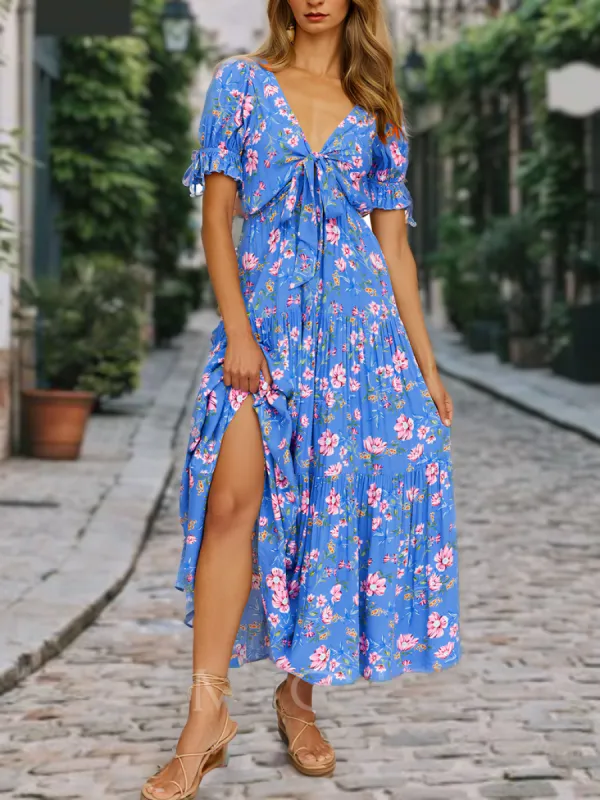 V-Neck Cutout Short Sleeve Floral Casual Beach Dress sold by Like My Choice