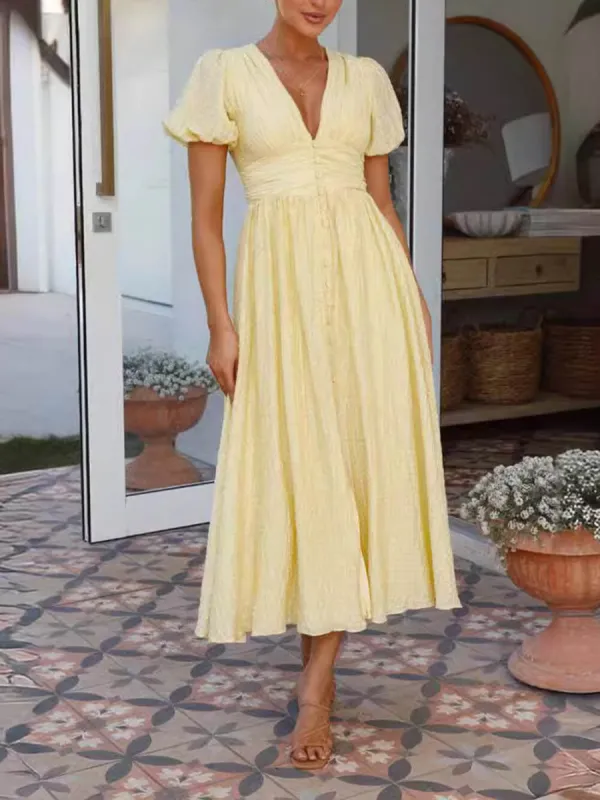 Puff Sleeve V-Neck Long Oversized Hem Dress sold by Like My Choice