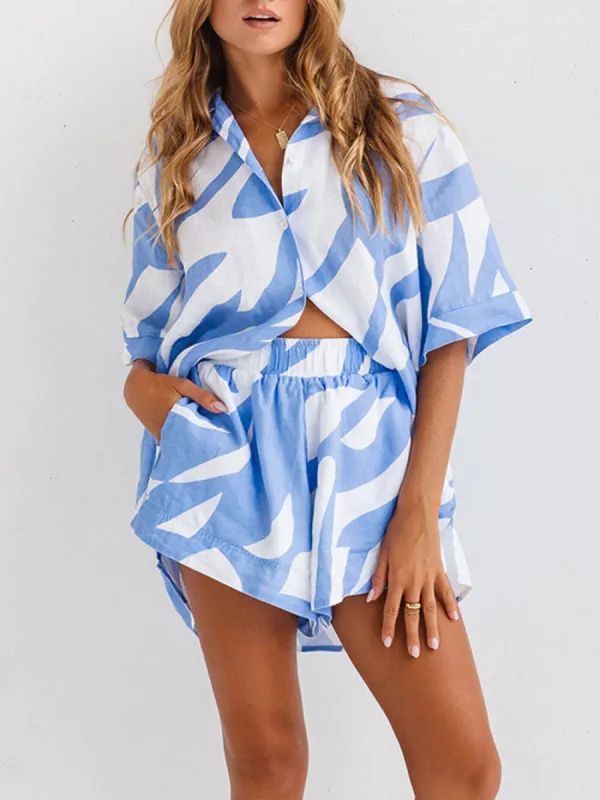Loose Printed Island Blue Shirt Short Resort Style Suit sold by Like My Choice