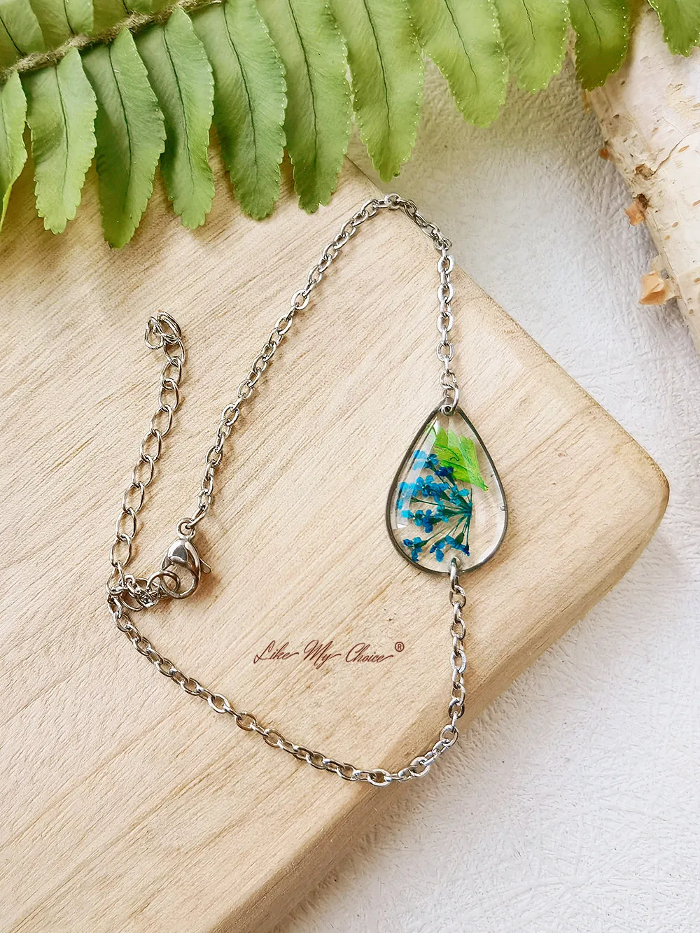 Blue Queen Anne Lace Handmade Pressed Flower Resin Drop Bracelet sold by Like My Choice product image thumbnail 4