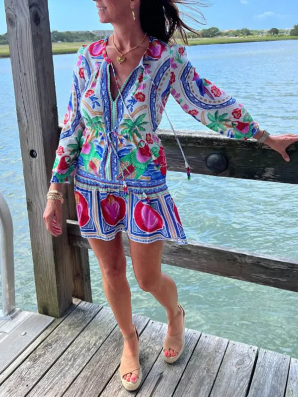 Beach Floral Unique Print Balloon Sleeve Lace Up Mini Dress sold by Like My Choice