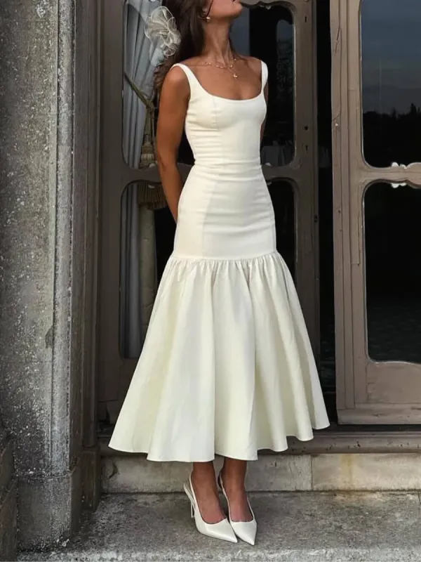 Graceful Square Neck Wide Strap Drop Waist Midi Dress sold by Like My Choice