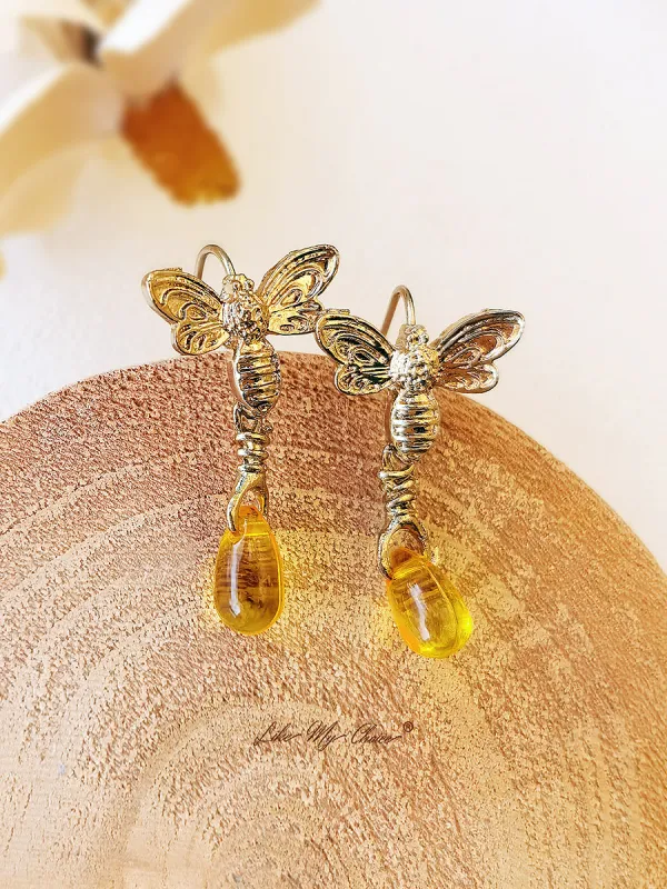 Gold Retro Bee Drop Earrings sold by Like My Choice