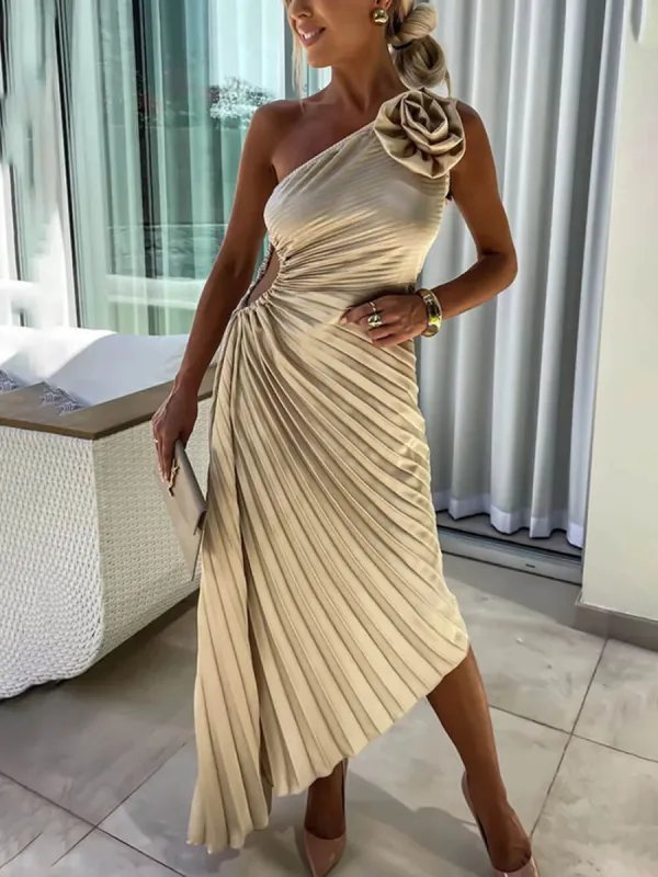 Romantic Night Guilloche Stretch Hollow One Shoulder Pleated Maxi Dress sold by Like My Choice