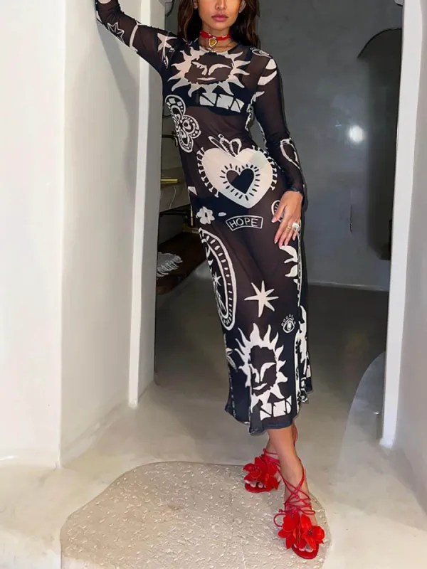 Retro Midnight Romance Mesh Print Dress sold by Like My Choice