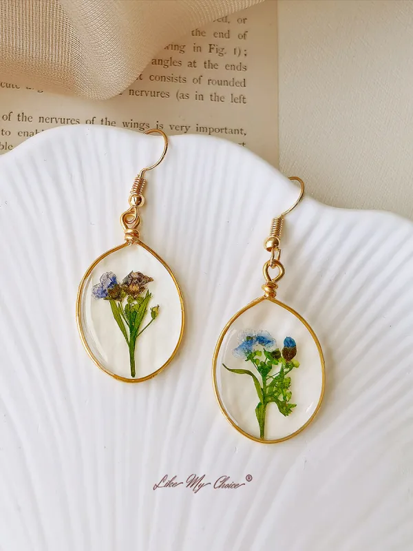 Pressed Flower Earrings - Forget Me Not Flower Oval sold by Like My Choice