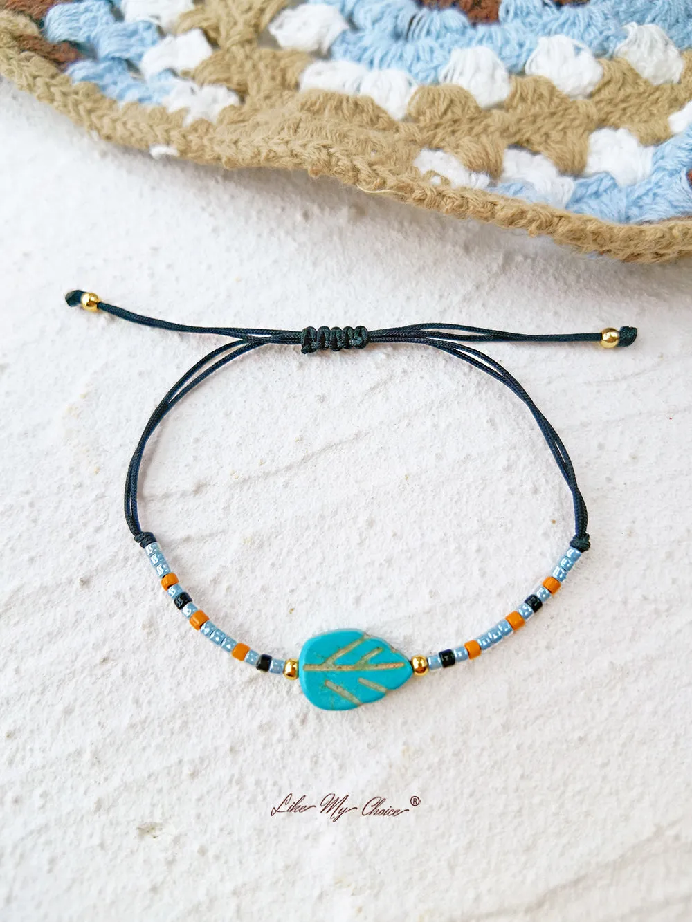 Adjustable Drawstring Beaded Bracelet Turquoise Maple Leaf sold by Like My Choice