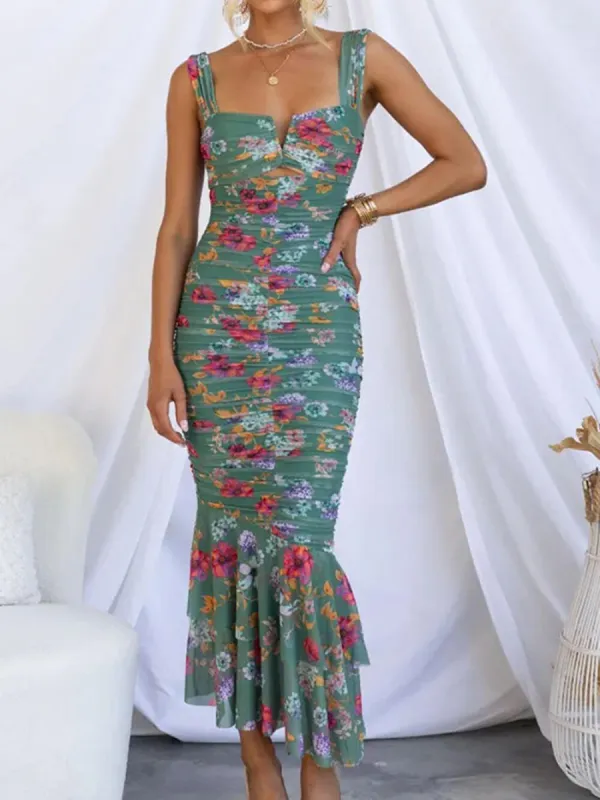 Sweetheart Neck Strap Printed Pleated Mesh Maxi Dress sold by Like My Choice