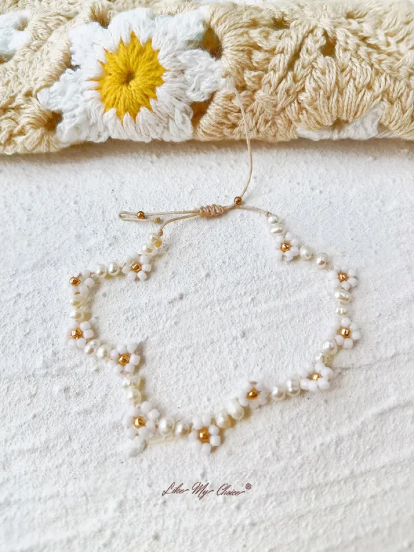 Adjustable Drawstring Beaded Bracelet White Daisy sold by Like My Choice