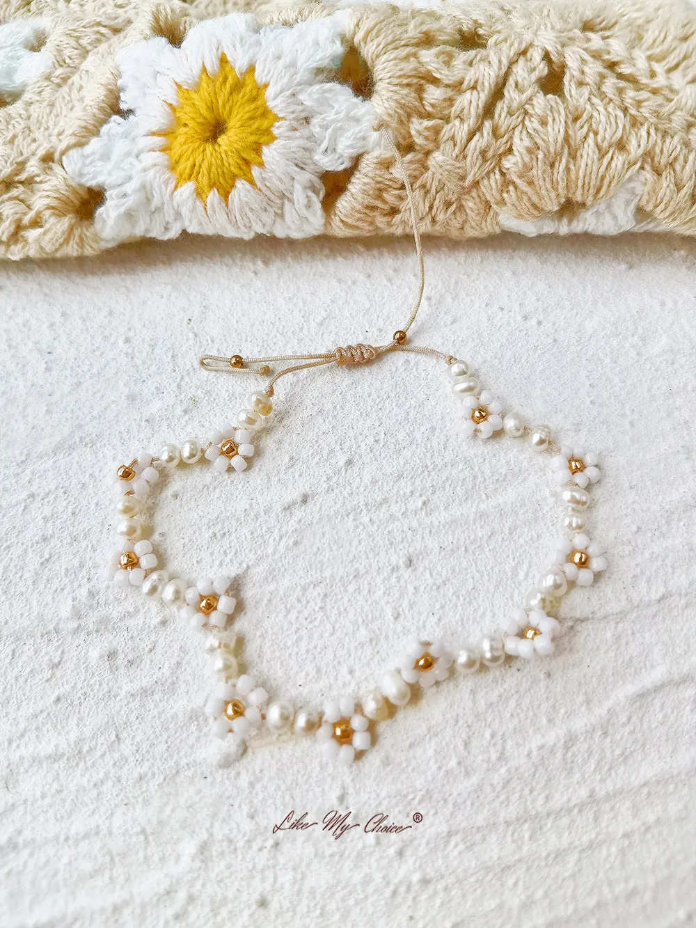 Adjustable Drawstring Beaded Bracelet White Daisy sold by Like My Choice