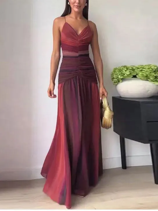 Exquisite Sunset Ombre Print V Neck Pleated Maxi Dress sold by Like My Choice product image thumbnail 2