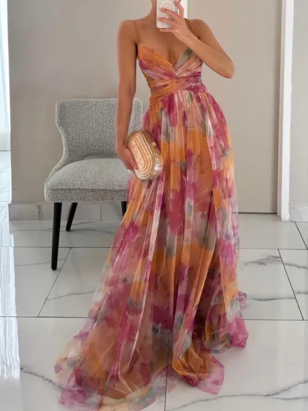 Elegant Painted Floral Print V-Neck A-Line Maxi Dress sold by Like My Choice