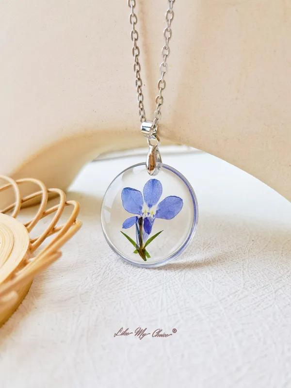 Romantic spring February Birth Flower Lobelia Resin Necklace sold by Like My Choice