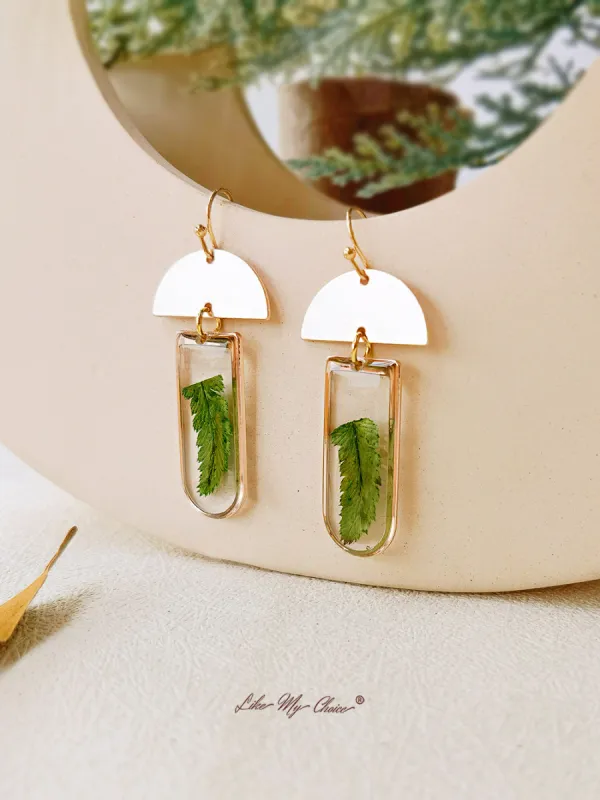 Window-shaped Brass Frames Pressed Fern Earrings sold by Like My Choice