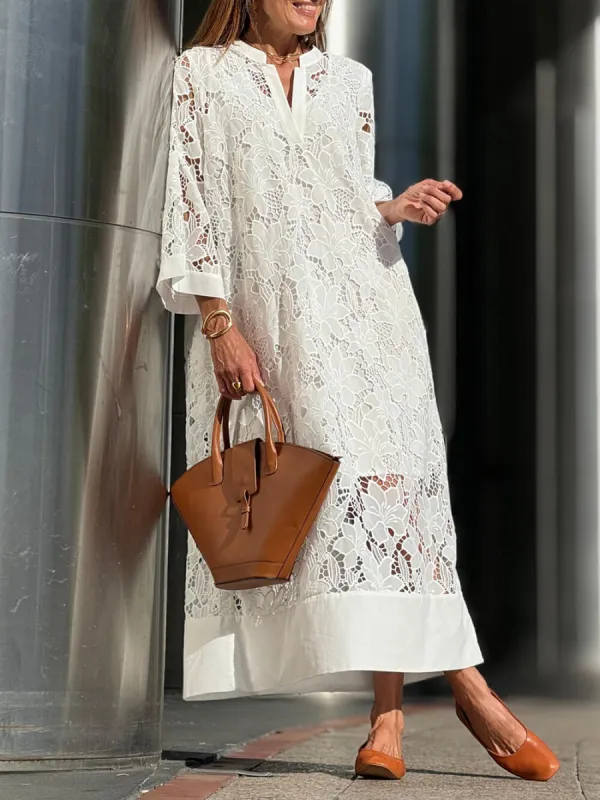Flower Lace V-Neck Bell Sleeve Loose Midi Dress sold by Like My Choice