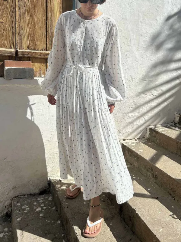 Exquisite Small Floral Pleated Long-Sleeved Tie Midi Dress sold by Like My Choice