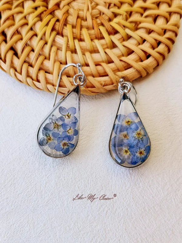 Pressed Flower Earrings - Water Drop Forget Me Not Flower sold by Like My Choice