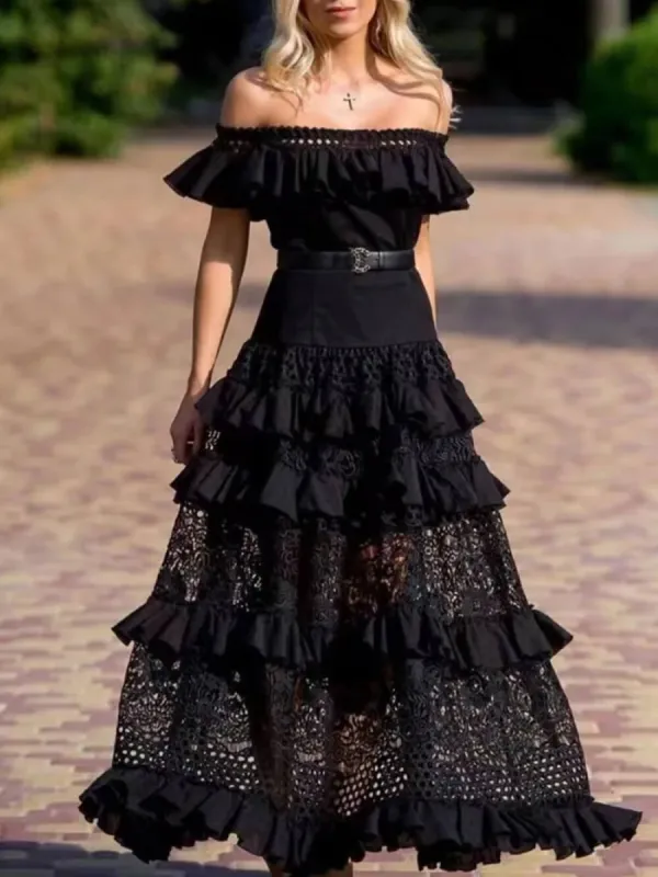 One-Shoulder Ruffled Hollow Swing Lace Patchwork Long Dress sold by Like My Choice