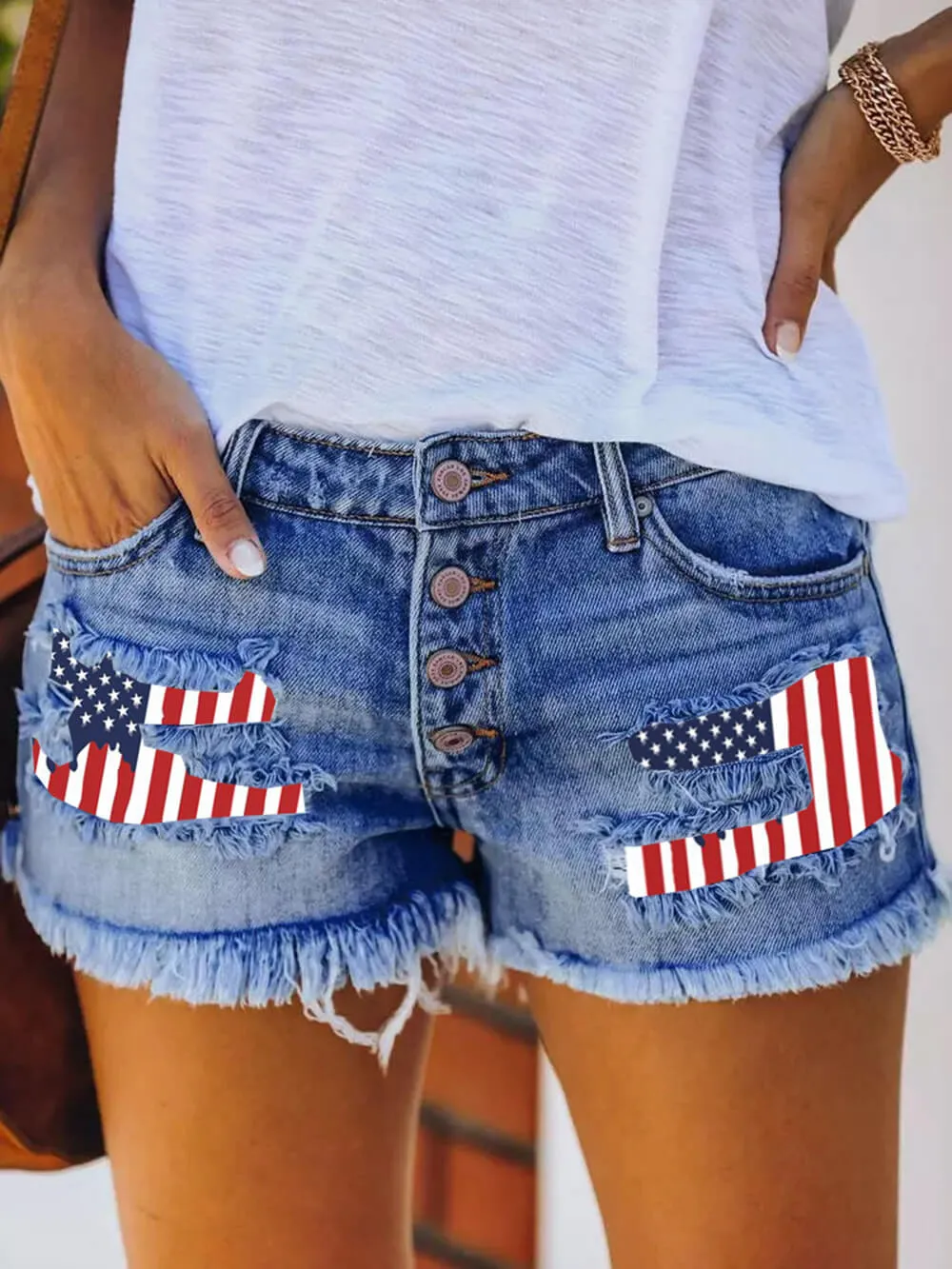 Casual Ripped Flag Print Fringed Denim Straight Shorts sold by Like My Choice product image thumbnail 3