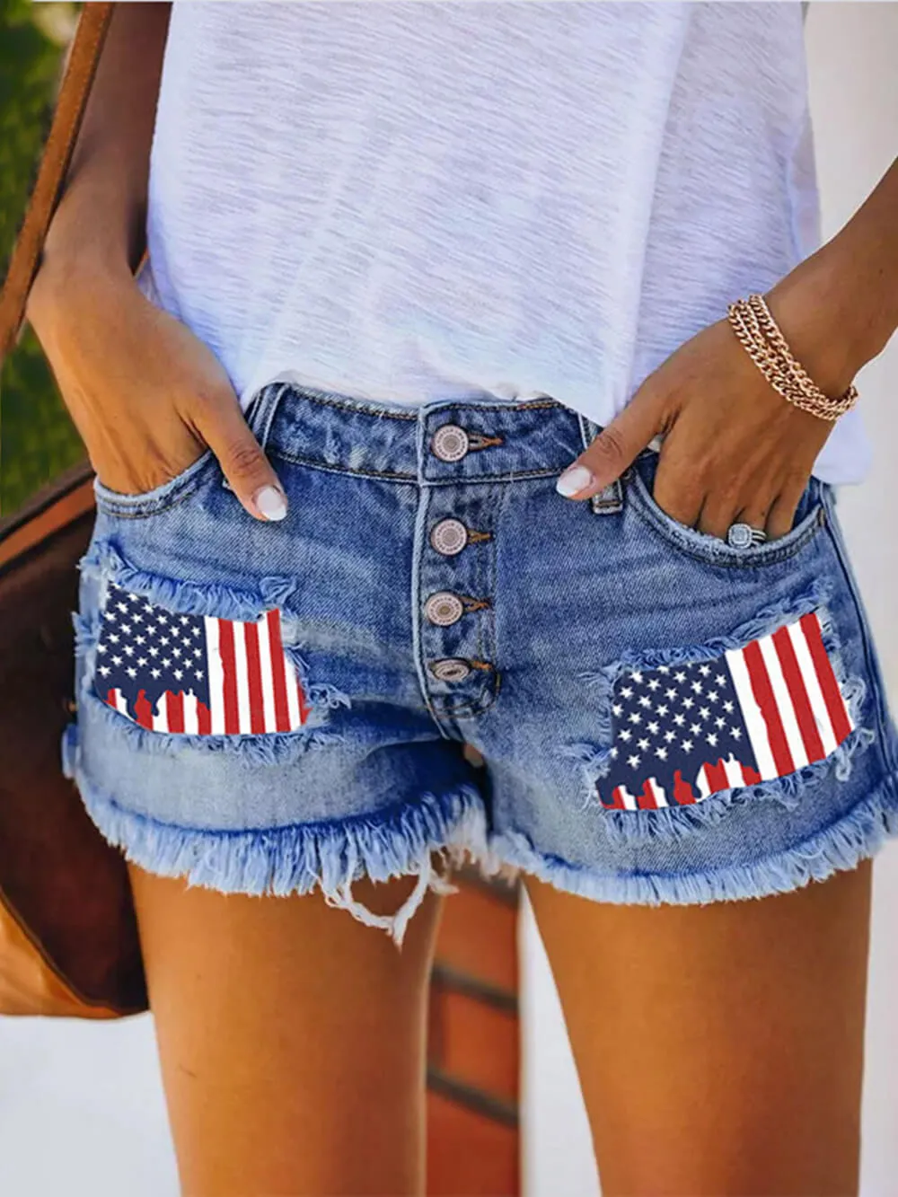Casual Ripped Flag Print Fringed Denim Straight Shorts sold by Like My Choice