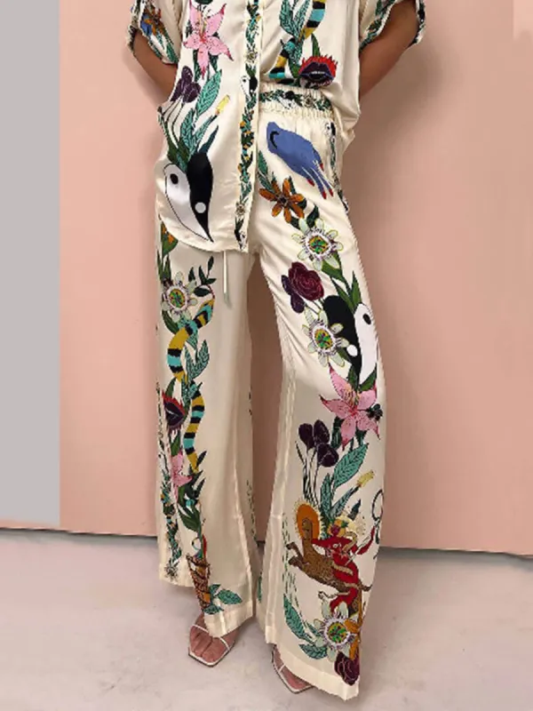 Satin Unique Print Elastic Waist Pocketed Wide Leg Pants sold by Like My Choice