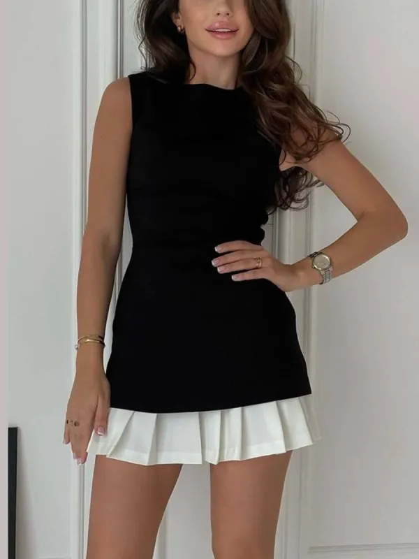 Elegant Two-tone Splicing Sleeveless Pleated Mini Dress sold by Like My Choice