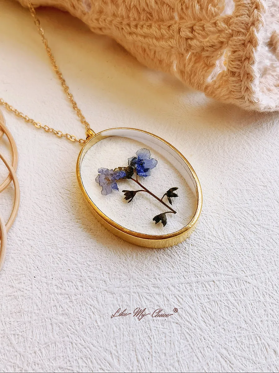 Pressed Flower Necklace - Forget Me Not Flower Oval sold by Like My Choice