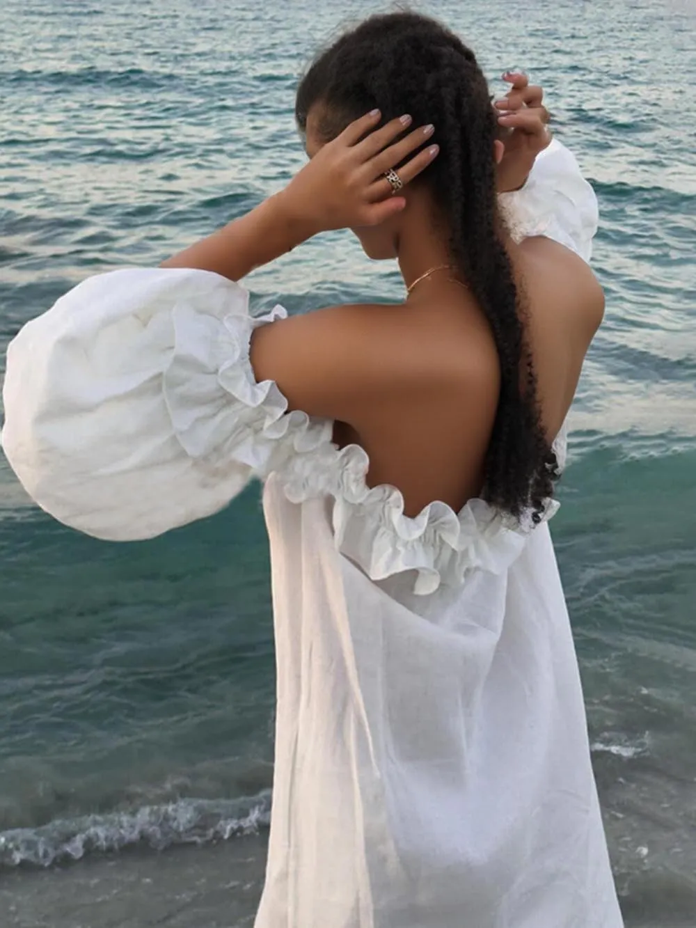 Off Shoulder Ruffle Puff Sleeve Pocketed Midi Dress sold by Like My Choice product image thumbnail 3