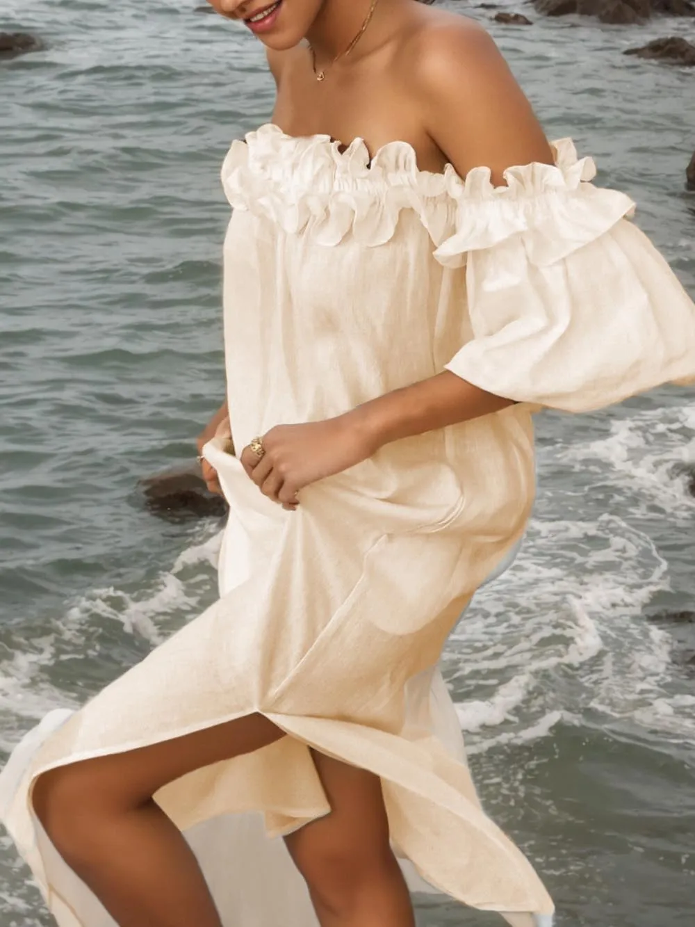 Off Shoulder Ruffle Puff Sleeve Pocketed Midi Dress sold by Like My Choice product image thumbnail 2