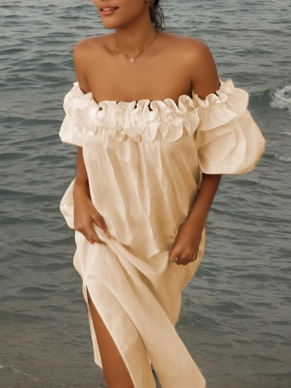 Off Shoulder Ruffle Puff Sleeve Pocketed Midi Dress sold by Like My Choice