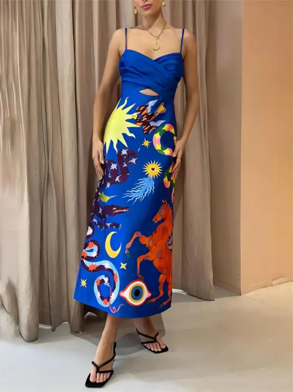 Summer Sexy Satin Backless Printed Sleeveless Midi Dress sold by Like My Choice