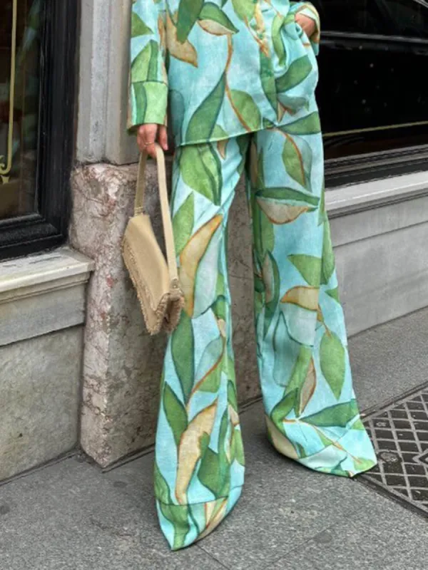Exquisite Unique Palm Leaf Print Elastic Pocket Wide-Leg Pants sold by Like My Choice