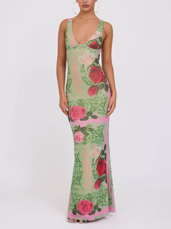 Holiday Style Contrast Rose Print V-neck Maxi Dress sold by Like My Choice