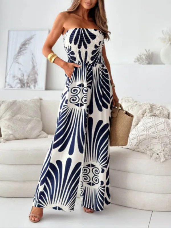 Unique Printed Off-Shoulder Pleated Casual Wide-leg Jumpsuit sold by Like My Choice
