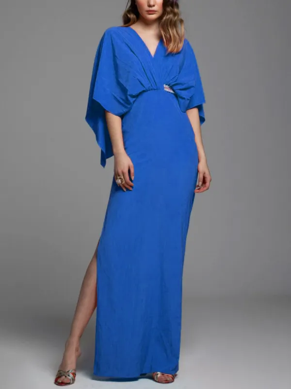 Elegant Satin V-Neck Dropped Shoulder Sleeve Maxi Dress sold by Like My Choice