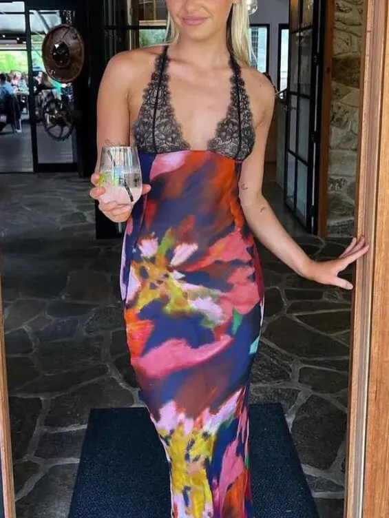 Sexy Deep V Lace Patchwork Printed Auspender Maxi Dress sold by Like My Choice product image thumbnail 3
