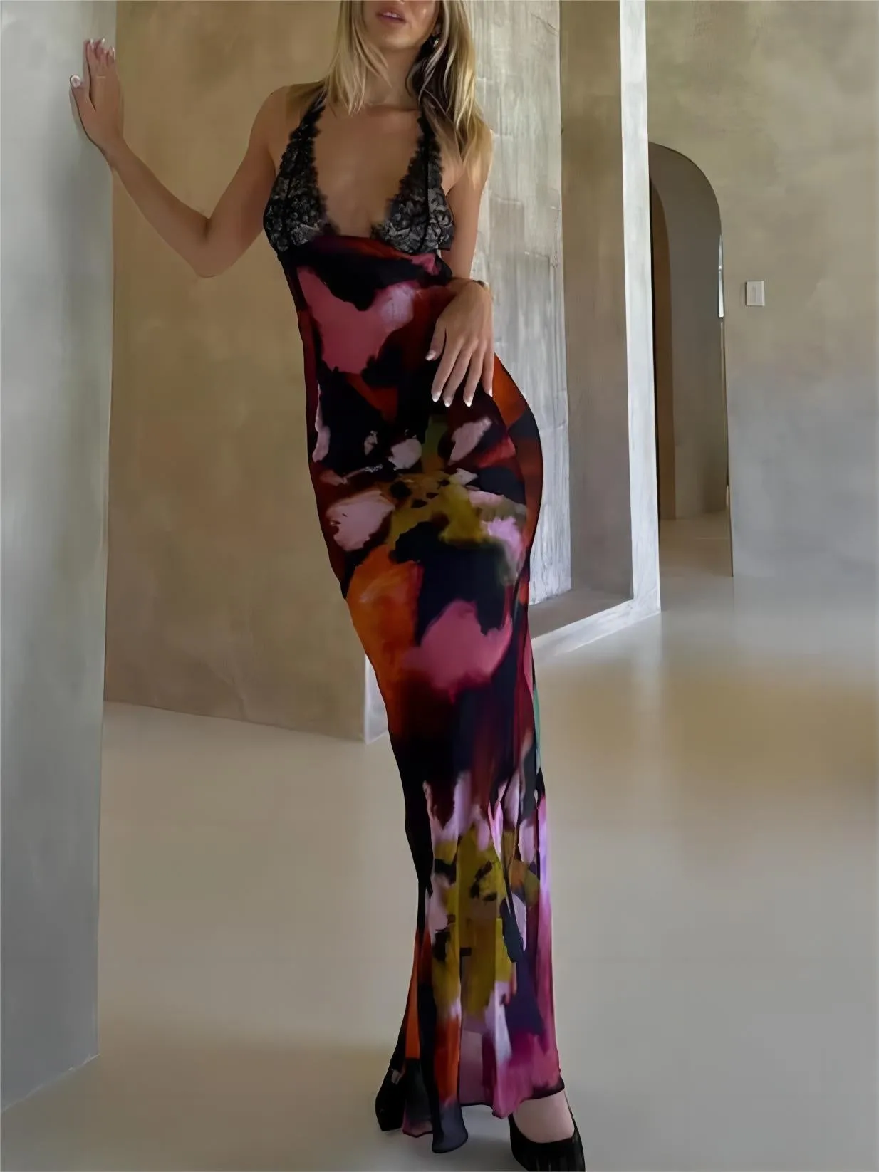 Sexy Deep V Lace Patchwork Printed Auspender Maxi Dress sold by Like My Choice product image thumbnail 2