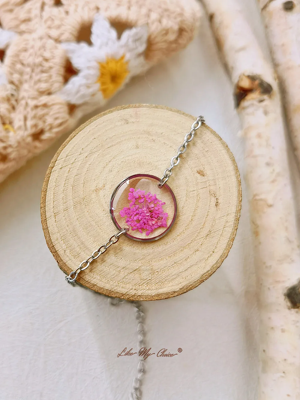 Pink Queen Anne Lace Handmade Pressed Flower Resin Round Bracelet sold by Like My Choice product image thumbnail 4